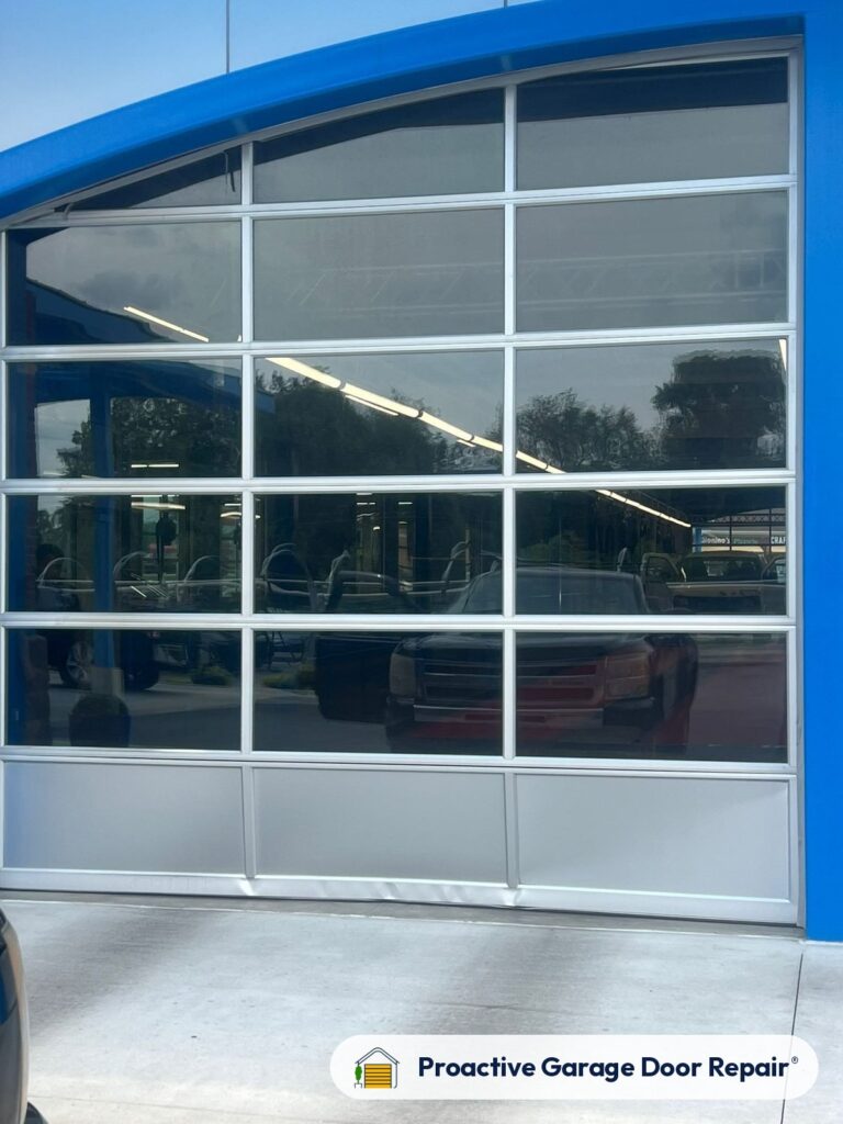 Full-view aluminum and glass commercial door serviced by Proactive Garage Door Repair