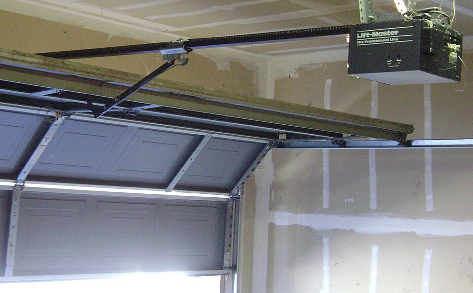 Garage door and opener rail from inside the garage