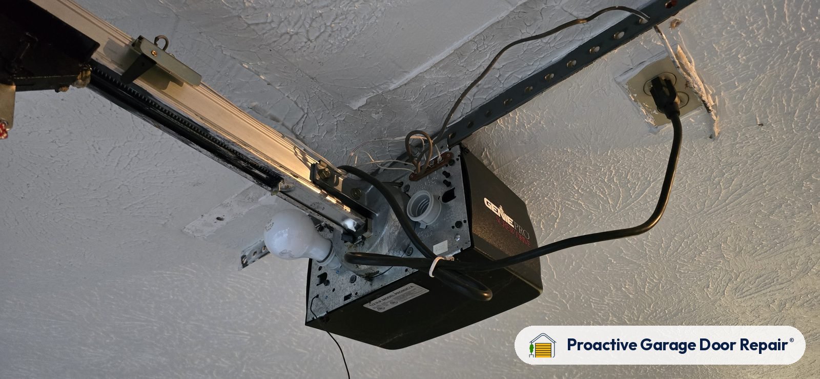 Garage door opener and rail in a customer garage, Proactive Garage Door Repair job