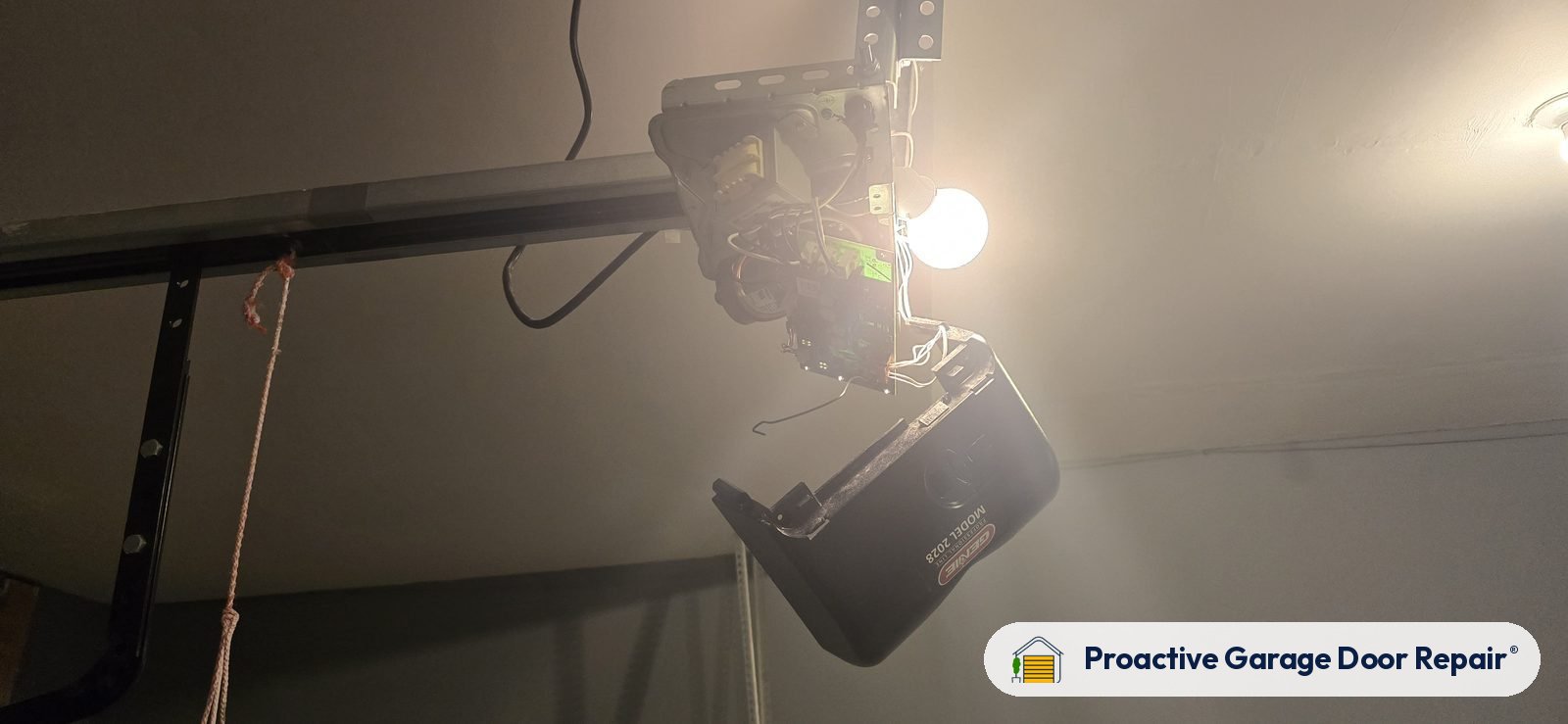 Garage door opener and rail in a customer garage, Proactive Garage Door Repair job