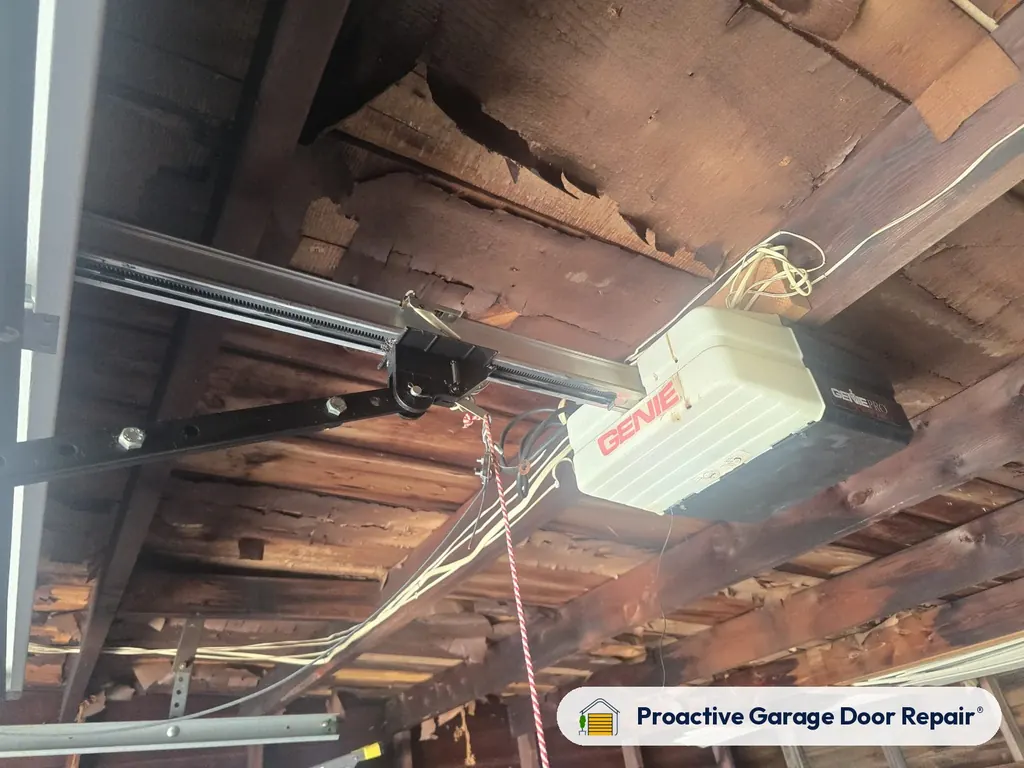 Garage door opener and rail in a customer garage, Proactive Garage Door Repair job