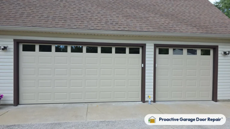 New almond raised panel garage doors with windows installed by Proactive Garage Door Repair
