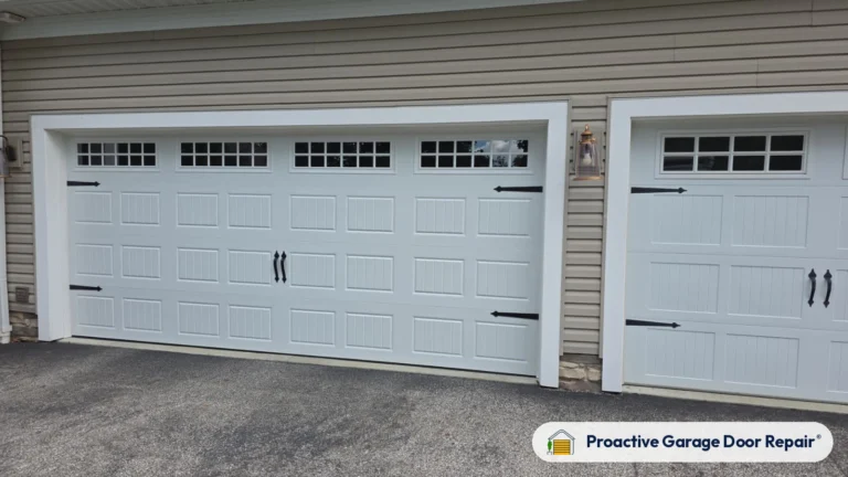 White carriage house garage doors with window tops installed by Proactive Garage Door Repair