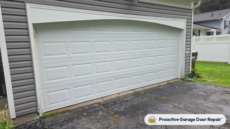New white raised panel garage door under an arched trim installed by Proactive Garage Door Repair